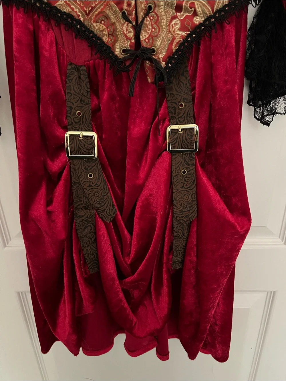 Red Girls' Pirate Victorian Costume with Brocade Vest and Lace Cuffs